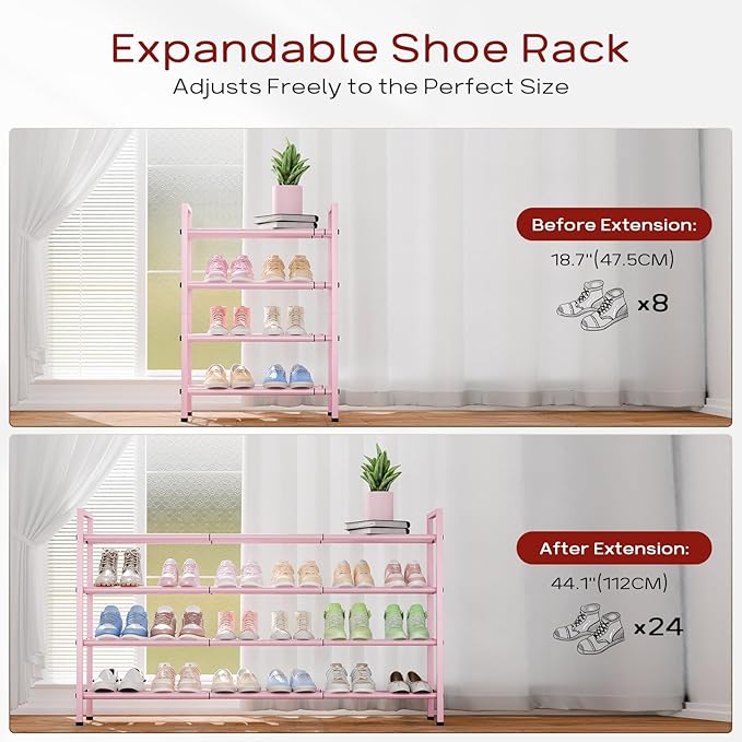 Bumusty 4-Tier Long Expandable Shoe Rack for Closet, 18"-44" Adjustable Shoe Rack for Entryway, 20-24 Pairs Large Shoe Organizer Shelf Storage, Sturdy Metal, Black