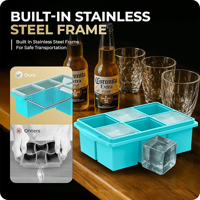 Large Ice Cube Trays for Whiskey, Silicone Ice Cube Tray, with Reinforced Steel Ring Top, Makes 12 perfect 2-in ice cubes, Square Ice Tray for Cocktails, Whiskey, Coffee. (2 Pack)