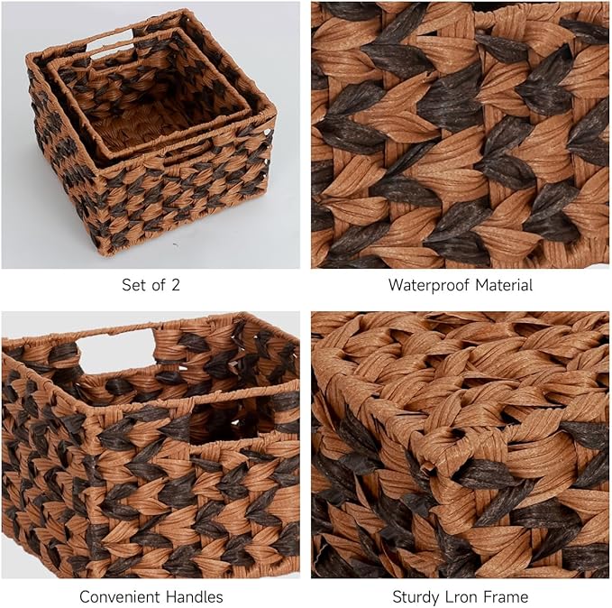 WEAVELYRICS Wicker Baskets, Decorative Storage Boxes with Handles, Rectangular Plastic Wicker Woven Storage Basket for Organizing, 2 Pack Large and Small (Brown & Gray)