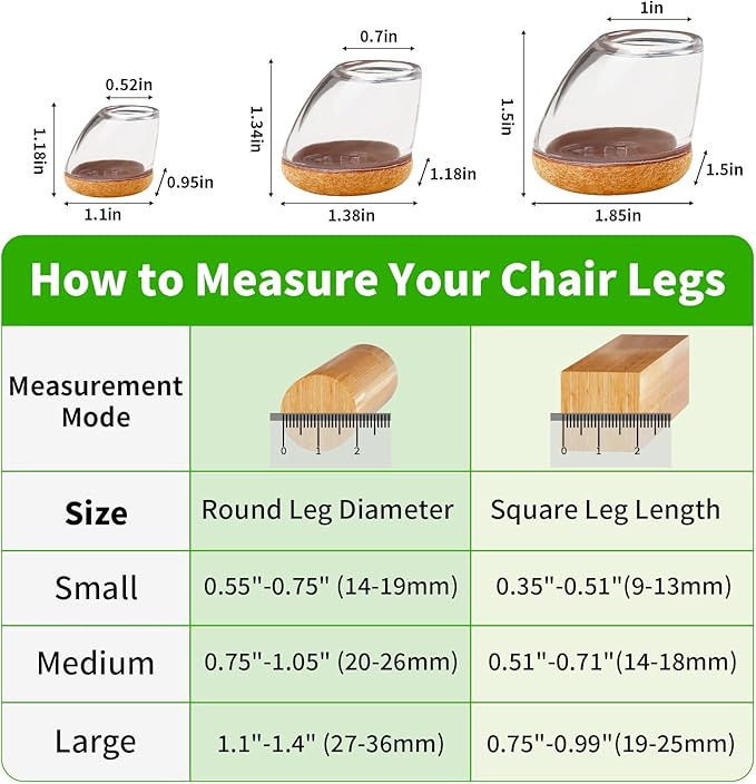 24 PCS Small Chair Leg Floor Protectors for Hardwood Floors, Round Silicone Caps with Felt Pads for 15-25° Slanted Legs, Chair Leg Covers to Protect Floors, Anti-scratch & Noise (Clear, Fit 0.55"-0.75")