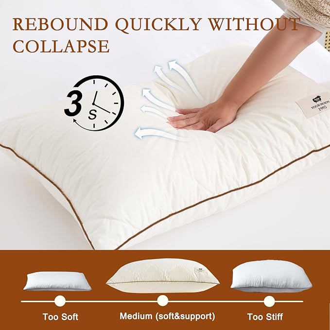 YOUR MOON Organic Wool Pillow King Size, Soft Breathable Support Bed Pillows for Sleeping, Luxury Down Alternative Pillow for Side & Back Sleepers, 100% Cotton Cover, Natural Wool Filling (Off White)