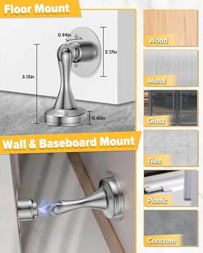 Door Stoppers Magnetic Door Catch - 6 Pack Stainless Steel Heavy Duty Door Holder Stops for Bottom of Door - Wall Floor Mounting No Drill Strong Adhesive & Screws Strong Magnet Keep Door Open(Silver)