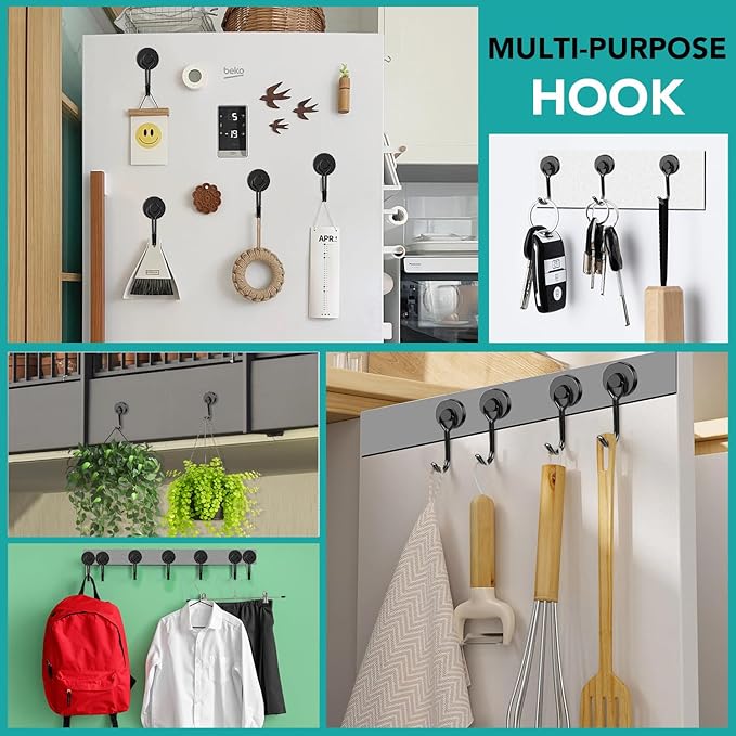 DIYMAG Black Magnetic Hooks 80LBS Strong Magnetics Hooks Heavy Duty 2026 Cruise Cabin Ship Essentials Magnet Hooks with Metal Hanger for Hanging Refrigerator Home Kitchen Office 8Pack