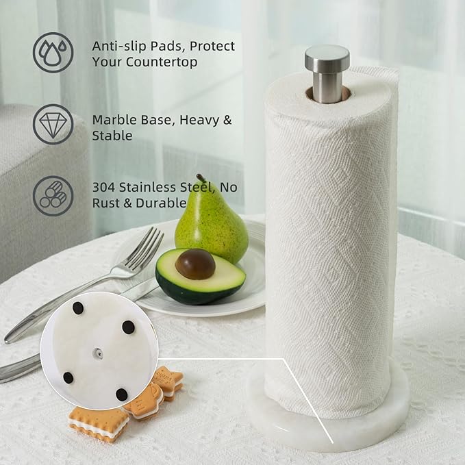 Koville African Genuine Marble Paper Towel Holder Countertop, 6" Stone Base Silver Rod Paper Towel Holder Stand for Kitchen Storage, for Standard or Jumbo-Sized Rolls