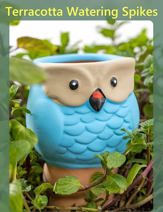 Qinsuikai 4 Pack Plant Watering Devices, Animal Shape Terracotta Watering Spikes, Vacation Self Watering Planter Insert, Automatic Plant Waterer for Indoor Outdoor Plants (Owl-Grey Eye)