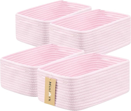 MiniArk Small Storage Baskets for Organizing | Closet Organizer Bins | Shelf Toy Basket | Woven Rope Baskets | Cube Decorative Box | Shallow Basket | 13x8.5x5.1” | 4 Packs Light Pink