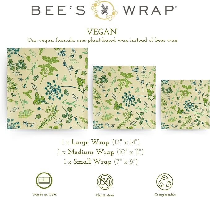 Bee's Wrap Vegan Beeswax Wraps for Food - Made in USA Reusable & Organic Food Wraps, Sandwich Wrap & Bowl Covers - Eco Alternative to Aluminum Foil & Plastic Wrap, Vegan Herb Garden 3 Pack (S, M, L)