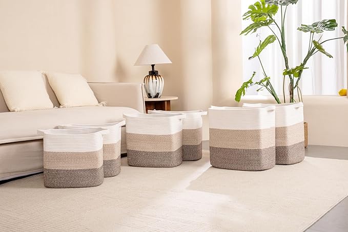 laughbird Storage Baskets for Clothes Fabric Cotton Rope Storage Basket with Handles, Decorative Woven Basket for Living Room, Closet Organizer Blankets, and 2 bags (Gradient Brown, L14×W11×H14)