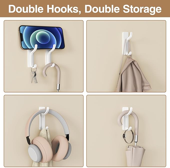 pickpiff Adhesive Wall Coat Hooks - Heavy Duty Stick-On Door Hanger, Metal Hook for Hanging Towel, Purse, Robe, Backpack, Jacket, Clothes - for Bathroom, Dorm, Closet, Kitchen - White, 6 Pack
