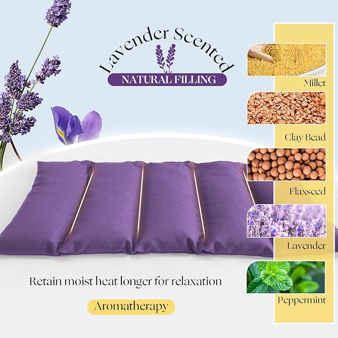Microwavable Heating Pad with Washable Cover 13x7 Inch Flaxseed Microwave Hot Pack, Lavender Scent, Moist Warm Compress for Relaxation, Non-Electric & Portable