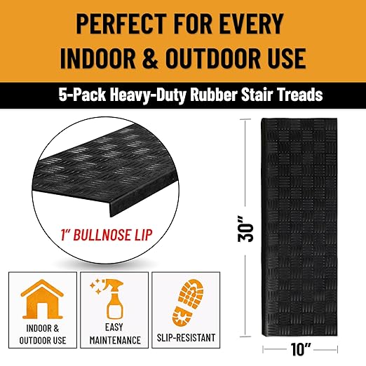 Ottomanson Outdoor Bullnose Stair Treads – Ribbed Heavy-Duty Non Slip Stair Mats – Strong Grip for Concrete, Brick & Textured Steps – Requires Fastening on Wooden & RV Steps, Pack of 5