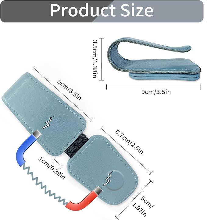 2 Pack Sunglasses Holder for Car Visor, Leather Magnetic Sunglass Holder for Car with Clip (Blue)