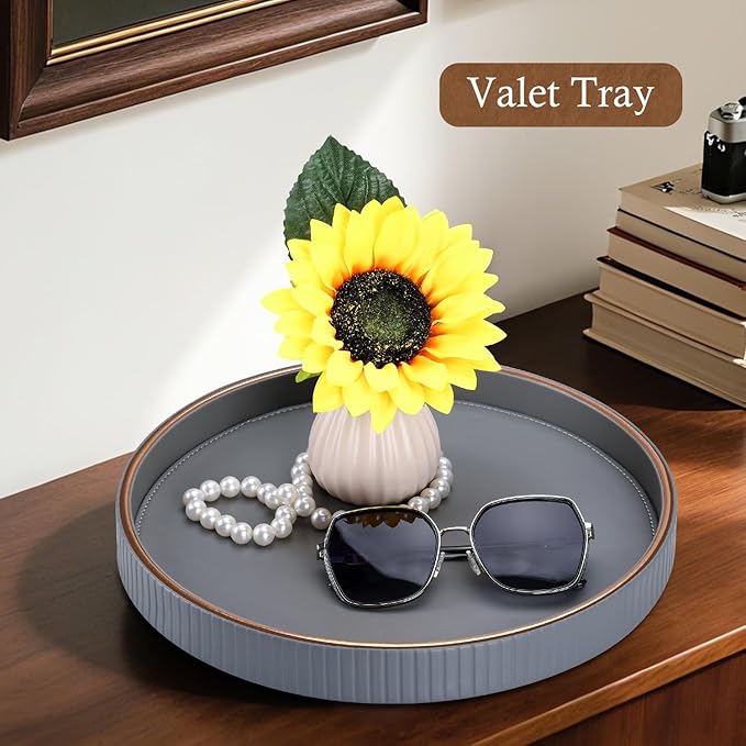 GORESE Round Coffee Table Tray for Home Decor, 12" PU Leather Decorative Serving Trays Table Centerpiece for Kitchen Island, Perfume Trinket Trays for Dresser, Ottoman Tray Nightstand Organizer, Gray
