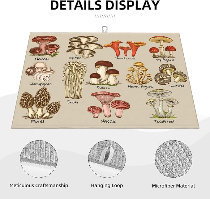 Mushrooms Dish Drying Mat XL Microfiber Kitchen Drying Mat Large Dish Drying Mats for Kitchen Counter Absorbent Quick Drying Pad 18x24 Inch