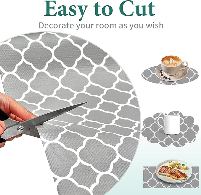 Shelf Liners for Kitchen Cabinets 12in x 20FT Non-Adhesive Drawer Liner Gray Quatrefoil Thickened Shelf Liner Paper Strong Non-Slip Easy to Clean for Tool Box Refrigerator with Knife and Tape Measure