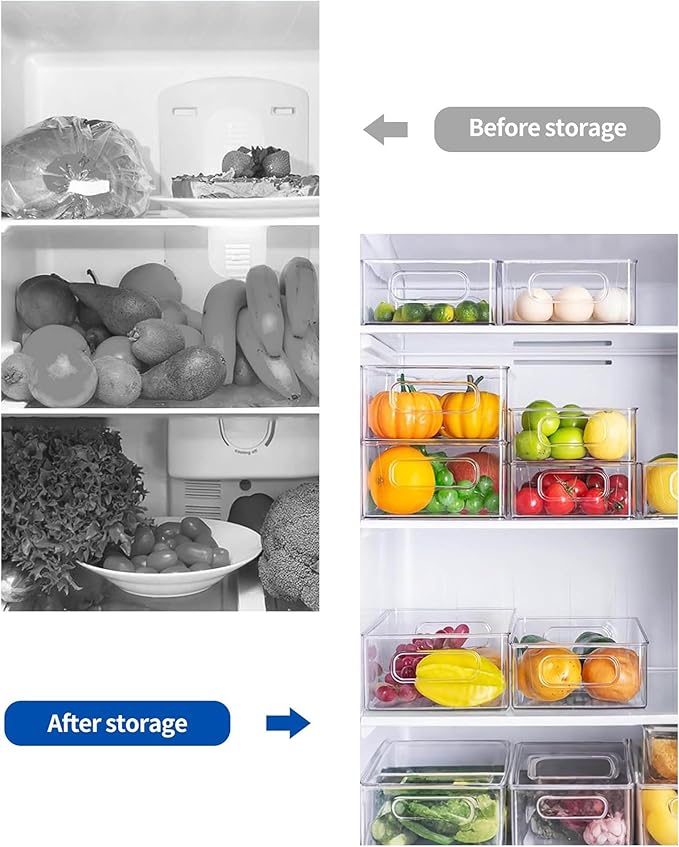 Refrigerator Organizer Bins 6 Pack Fridge Organizers with Handles Clear Freezer Storage Containers for Pantry, Cabinets,Shelves, Drawer