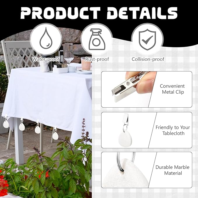 ZCYSRLQIN 12 Pcs Tablecloth Weights Pendant Teardrop Shape Table Cover Weights with Metal Clips for Outdoor Picnic Garden Patio Party Camping Dinner Table Cover Decoration (White)