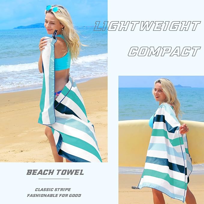 Exclusivo Mezcla Large Microfiber Quick Dry Beach Towel, Lightweight Sand-Free Cabana Stripe Pool Travel Camping Towel with Bag (Green, 30x60 Inches)