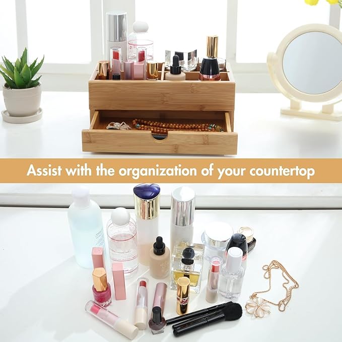 GOBAM Bamboo Makeup Organizer and Storage with Drawer, Wooden Cosmetic Organizer Countertop for Bathroom, Bedroom, Kitchen & Dresser, Desk Organizer with Drawers and Makeup Vanity Station - Medium