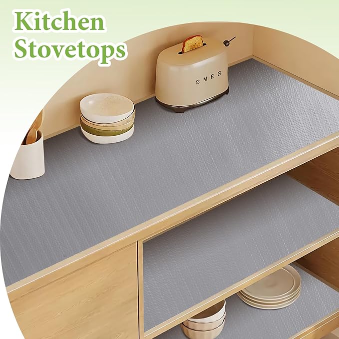 Shelf Liners for Kitchen Cabinets 12in x 30FT Non Adhesive Drawer Liner Grey Thickened Shelf Liner Paper Strong Non-Slip Easy to Clean for Tool Box Refrigerator with Knife and Tape Measure