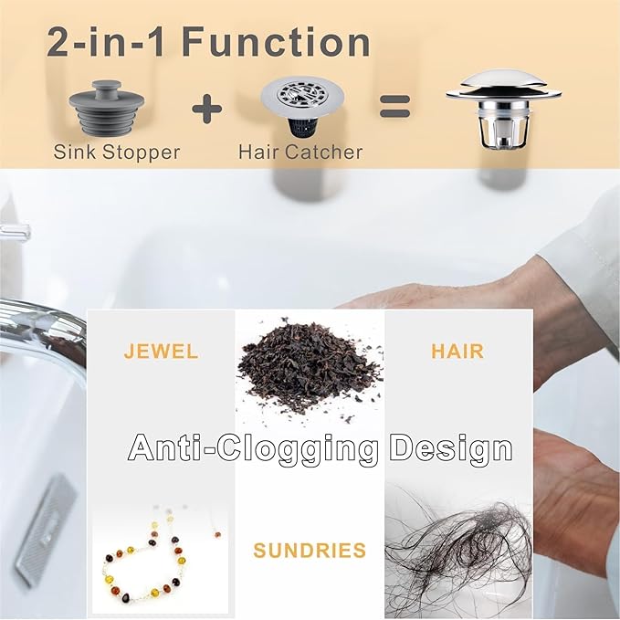 Chrome Bathroom Sink Drain Stopper, Wellup Universal 2-in-1 Sink Stopper Bathroom Drain for 1 1/8"-1 1/2" Sink Drain Hole, Pop up Sink Stopper with Anti-Clogging Strainer, Chrome Plated