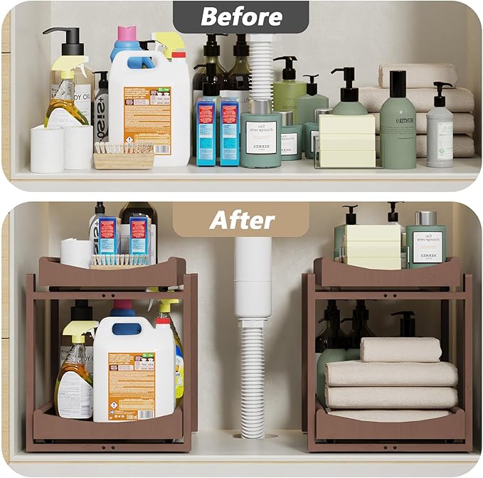 Wisuce Essentials Bamboo Under Sink Organizer Adjustable Height 2 Tier Bathroom Organizer Pull Out Cabinet Storage Kitchen Heave Duty Wood Slide Ou Shelf for Kitchen Bathroom (Brown, 2 Packs)
