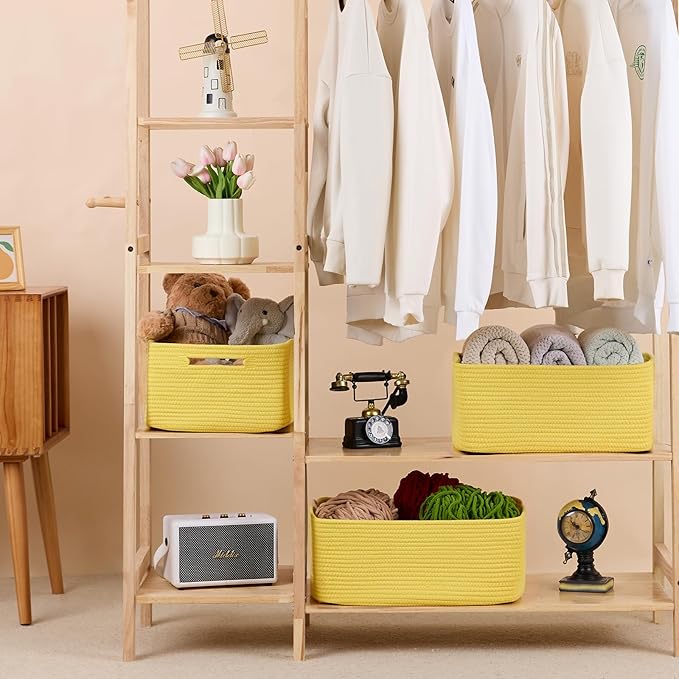 MiniArk Large Storage Baskets for Shelves, Closet Organizer Bins for Clothes, Blanket, Towels, Baby Nursery, Toy Baskets Box, Woven Rope Baskets, 17 x 13 x 7.5”, 3 Packs Yellow