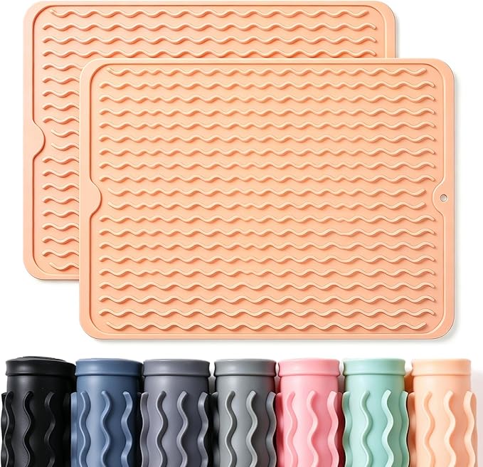 CAKETIME 2 Pack Silicone Dish Drying Mat for Kitchen Counter Waterproof Place mats Sink Protector Stove Top Organizer Appliance Storage Vanity Trays Dryer Rack Drainers Items 15"x11.5" Beige