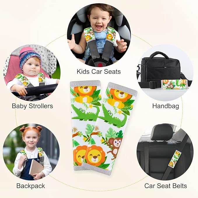 Seat Belt Cover Pad for Baby, Soft Seatbelt Cushion Covers for Kids, 2 Pcs Car Seat Strap Shoulder Pads for All Car Seats, Stroller, High Chair, Green Zoo