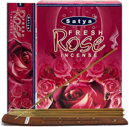Fresh Rose Incense Sticks and Incense Stick Holder Bundle Insence Insense Satya