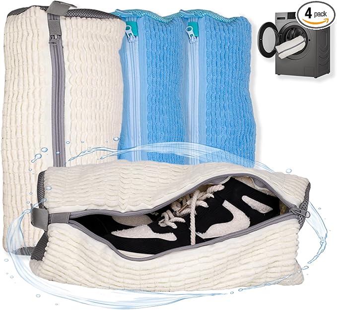 Shoe Washing Machine Bag, 4 Pcs Laundry Shoe Bags for Washer and Dryer with Chenille Liner, Large Reusable Mesh Bag for Sneakers, Gym, Tennis, Sports, Delicates, 2 Color Mix (Blue+Beige)