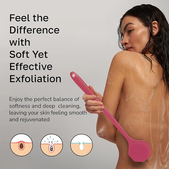 Silicone Back Scrubber with Long Handle - Octagon Body Brush for Shower, Bath, and Exfoliating - Skin Cleansing, Back Scrub and Gentle Silicone Sponge - Wash Your Body with Easy Reach - Rose