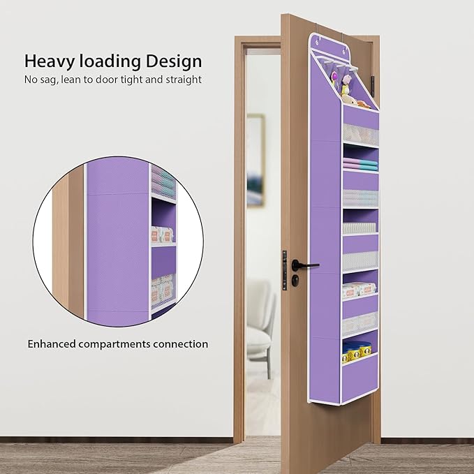 Univivi 6-Shelf Over Door Hanging Organizer, Fabric Baby Door Storage with 5 Large Pockets and 3 Small PVC Pockets, Wall Mount Hanging Storage Organizers for Baby Essentials (Purple)