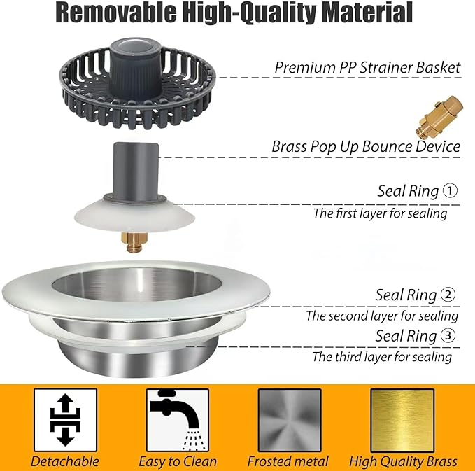 Kitchen Sink Drain Strainer, 3-in-1 Pop-Up Kitchen Sink Stopper, with an Extra Basket Strainer, Universal for US Standard 3-1/2 Inch, Chrome Silver