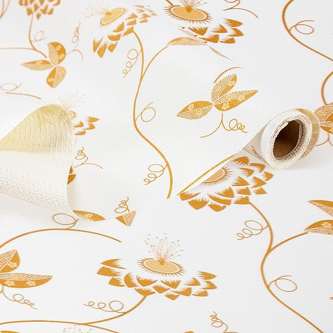 RAY STAR Shelf Liner, Non Adhesive Golden Leaves Floral Kitchen Cabinet Liner for Pantry Drawer Vanity, Strong Grip Non Slip, Shelf Liners for Kitchen Cabinets Cupboard 18 Inch x 8 FT (5 Rolls)