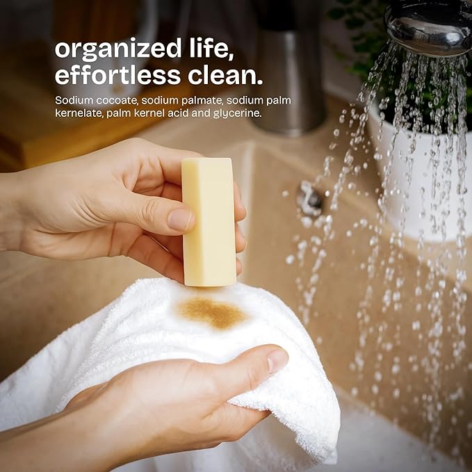 QLEAN Vegan Stain Remover Bar for Fabrics, Laundry Bar Soap for Clothes – Plant-Based, Travel-Friendly Stain Remover for Grease, Wine, Coffee, Grass & More – Non-Toxic & Safe for Delicates (1)