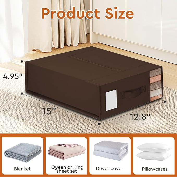 4 Pack Bed Sheet Closet Organizers and Storage,Sturdy Foldable Storage Containers with Window and Label,Storage and Organization for Bedding Sheets,Duvet Covers,Blankets (Brown)