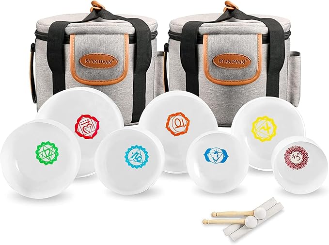 Ryan Dvan 432Hz 7-12 Inch 7 Chakra Design Crystal Singing Bowl Set Frosted Quartz Crystal Sound Therapy Kit with Mallets 2 Cases O-Ring for Yoga Meditation Energy Balancing Reiki Healing