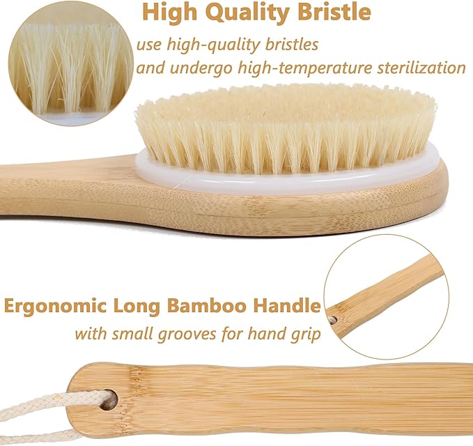 OWIIZI Back Scrubber Brush for Shower, Round Head Bristle Body Large Area Deep Cleanse Bath Brushes, Bamboo Long Handle Skin Exfoliator for Men Women Elders Wet or Dry Use