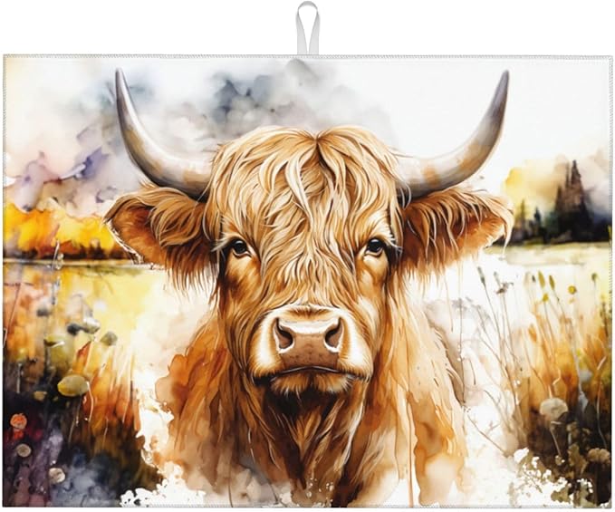 Watercolour Cow Head Dish Drying Mat XL Microfiber Kitchen Drying Mat Large Dish Drying Mats for Kitchen Counter Absorbent Quick Drying Pad 18x24 Inch