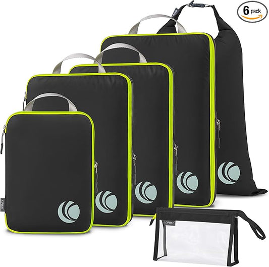Cipway Compression Packing Cubes, Ultralight Luggage Organizer Bags with Laundry Bags and Clear Toiletries Bag, Travel Essentials for Carry on Suitcase (6 Piece,Black)