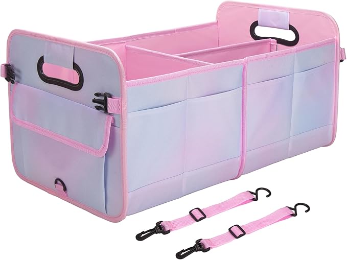 Trunk Organizer for SUV & Sedan, Car Organizers & Storage, Waterproof Collapsible & Adjustable Straps, 70L Sturdy Car Organization for Car Accessories, Tools, Sundries, 2-3 Compartment (Colorful Pink)
