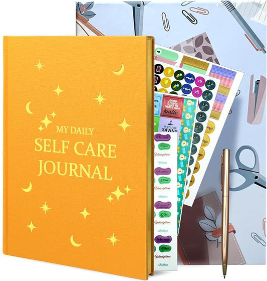 Gratitude Journal with 6 Inspirational Stickers and Pencil, Daily Reflection Journal for More Happiness, Mindfulness & Affirmation, Self Care Journals for Women & Men,Orange