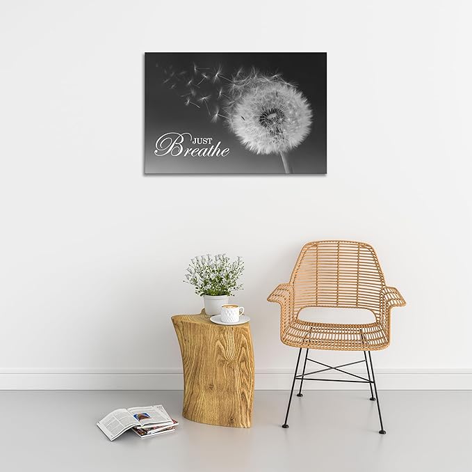 SKASNFAI Just Breathe Wall Art Zen Office Wall Decor Inspirational Yoga Quotes Positive Relax Artwork Picture Black and White Dandelion Posters Print for Meditation Room (28L x 44W)