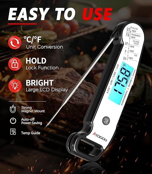 Atogou Professional Meat Thermometer Digital for Cooking Food, <1 Sec Instant Read & ±0.5℉ Accuracy, IP67 Waterproof, Thermocouple Sensor Probe, for Kithchen, BBQ, Grill, Silver