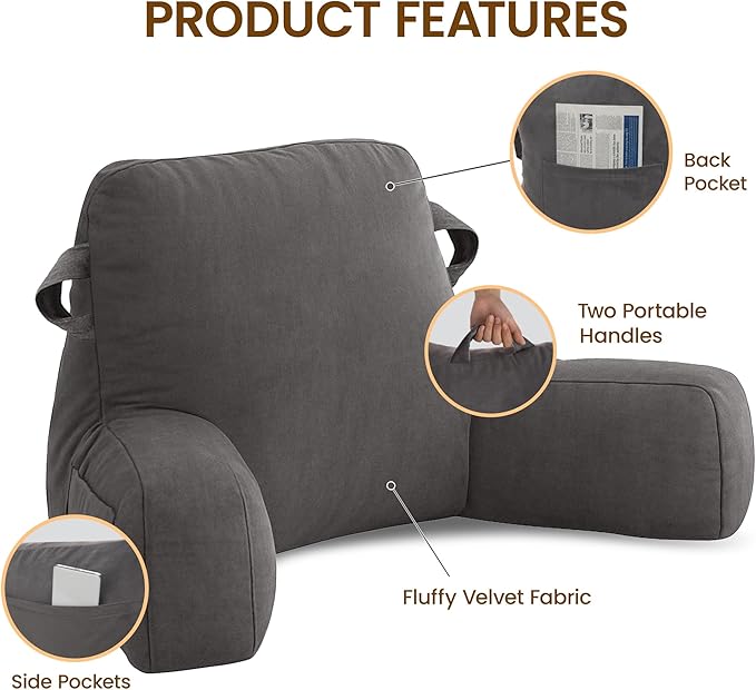Portable Comfy Reading Pillows for Bed Sitting Up(Light Grey Oeko-Tex), Velvet Back Pillow with Arms & Pockets for Adults, Support Memory Foam Bed Pillow for Dorm/Reading/Watching/Gaming
