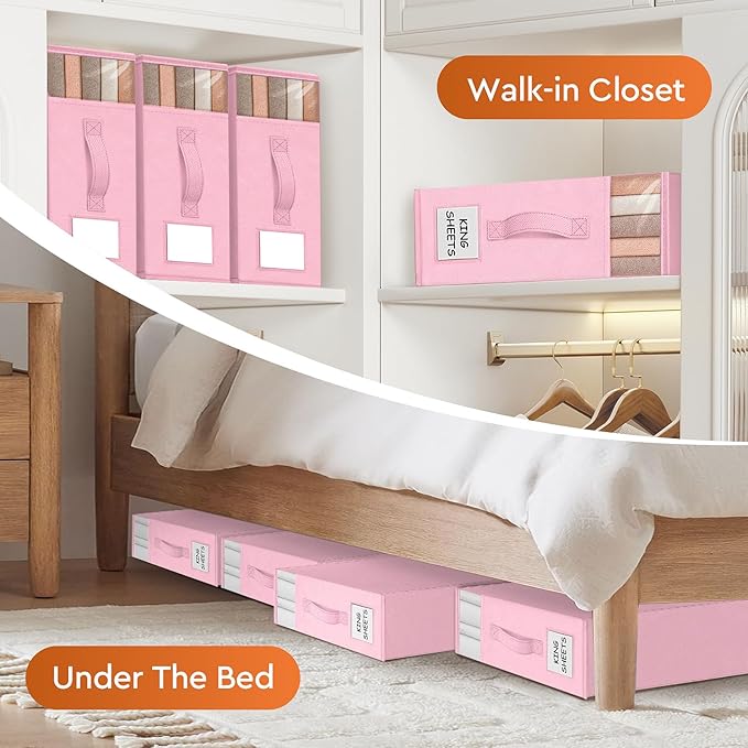 2 Pack Bed Sheet Closet Organizers and Storage,Sturdy Foldable Storage Containers with Window and Label,Storage and Organization for Bedding Sheets,Duvet Covers,Blankets (Pink)