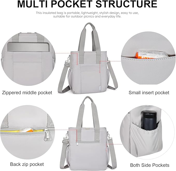 NOL Insulated Lunch Bag for Women, Large Spacious Lunch Tote Bag With Removable Adjustable Shoulder Strap with Multi Pockets, Leakproof Cooler Bag,Lightweight Nylon Waterproof Lunch Box For Work,Gray