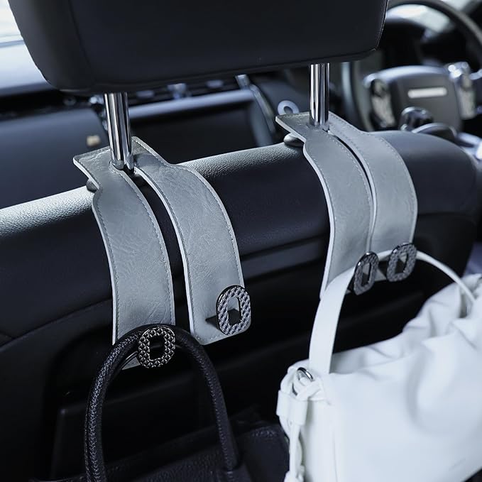 Car Headrest Hooks Universal Car Purse Hook Premium Leather and Alloy Twin Hook Car Seat Back Storage Hanger Hook for Purse Bags Cloth Drink Durable Holder Car Accessories (BH09-Grey-Black-4 Pack)