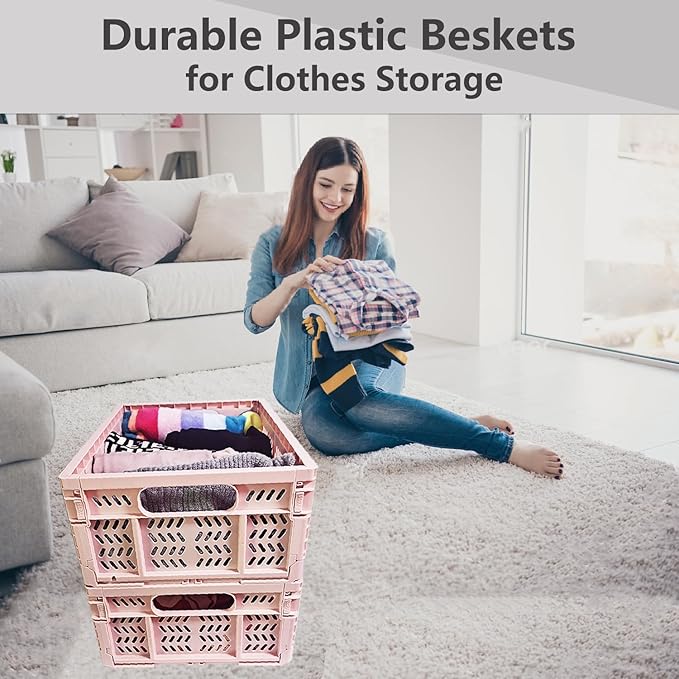 PTEREIW 20L Foldable Crates, 4Pack Plastic Baskets for Home and Office,Plastic Folding baskets,Collapsible Crates for Chrismas Gifts, Toys Storage. (Light Pink,15.7x11.8x6.3Inc)